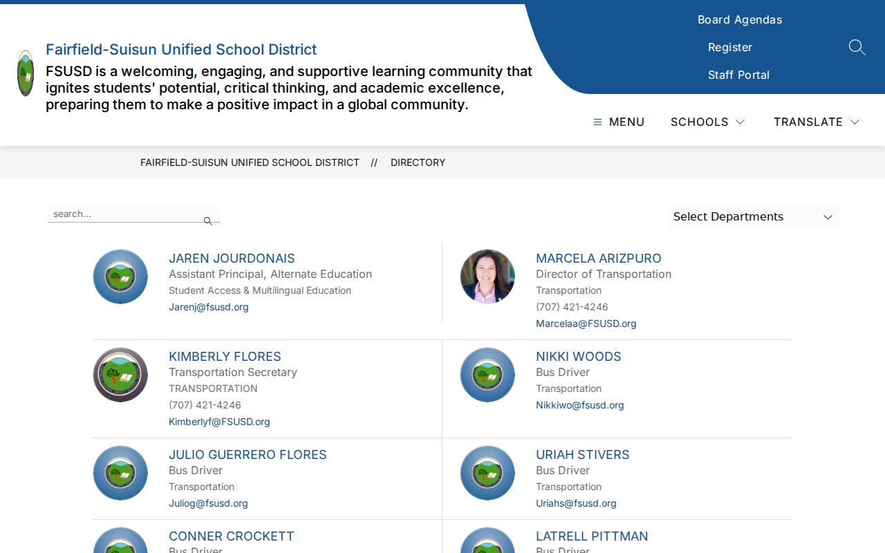 Fairfield people directories FSUSD staff directory search and department filter
