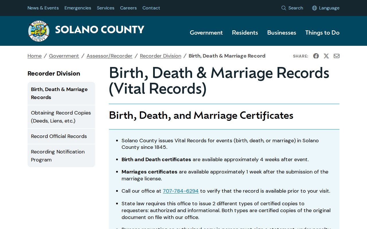 Fairfield public records Solano vital records certificate request page
