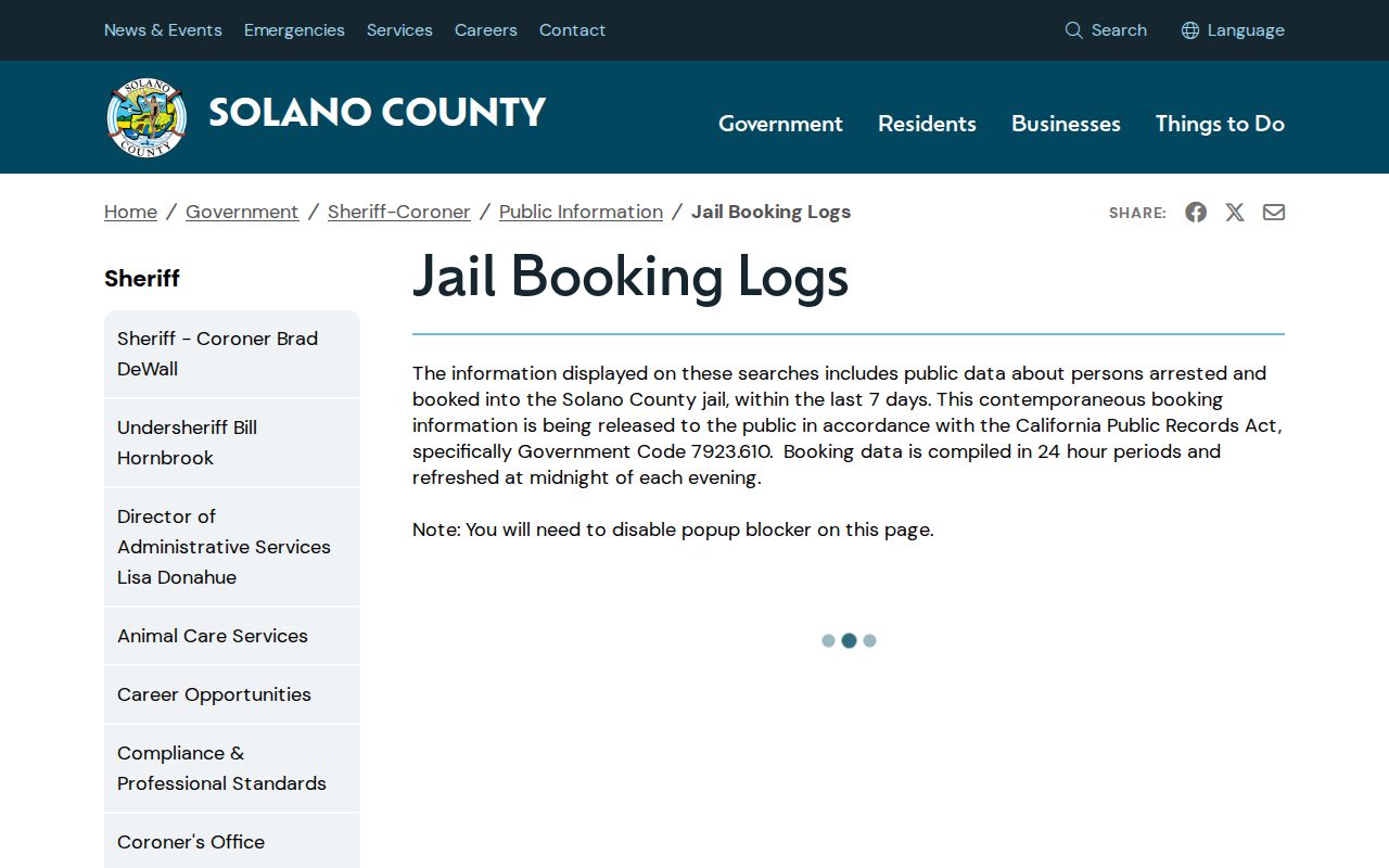 Fairfield public records Solano jail booking logs page