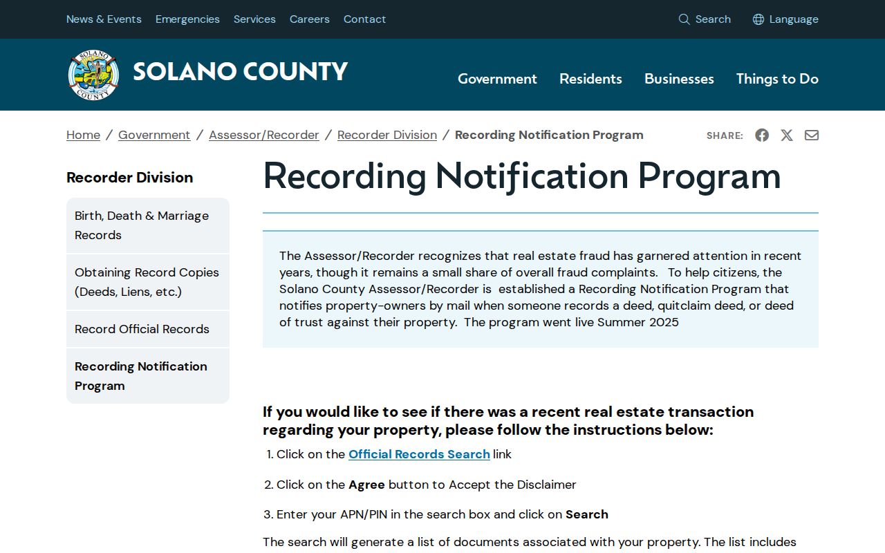 Fairfield public records Solano Recording Notification Program APN search