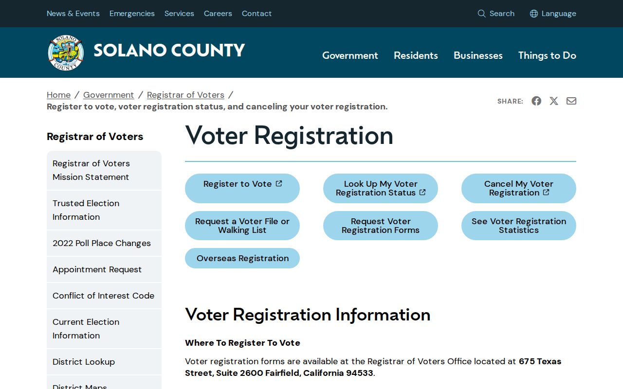 Fairfield voter registration records on the Solano County voter registration page