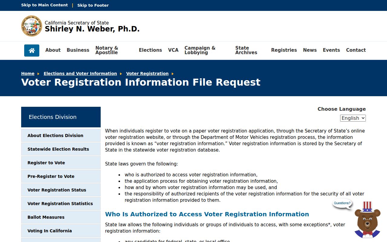Fairfield voter registration records California Secretary of State voter file request rules